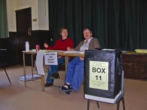 The May election at Trinity Centre, Old Birmingham Road, saw some familiar faces manning the ballot boxes RtoL: Jean Whitehead and friend.