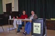 The May election at Trinity Centre, Old Birmingham Road, saw some familiar faces manning the ballot boxes RtoL: Jean Whitehead and friend.