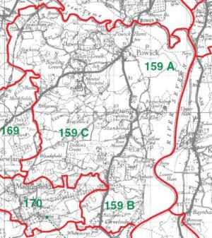 
The map consists of an Ordanance Survey map taken from the 1940's with the boundary of the parish as it was in 1850 super-imposed on the top in red.