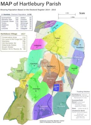 Map of Hartlebury Parish showing population from 2015 election data